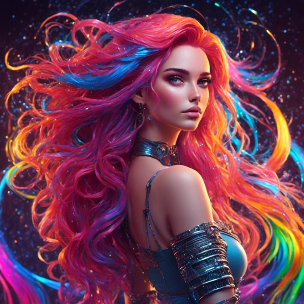 Woman with Rainbow Hair in Cyberpunk Style