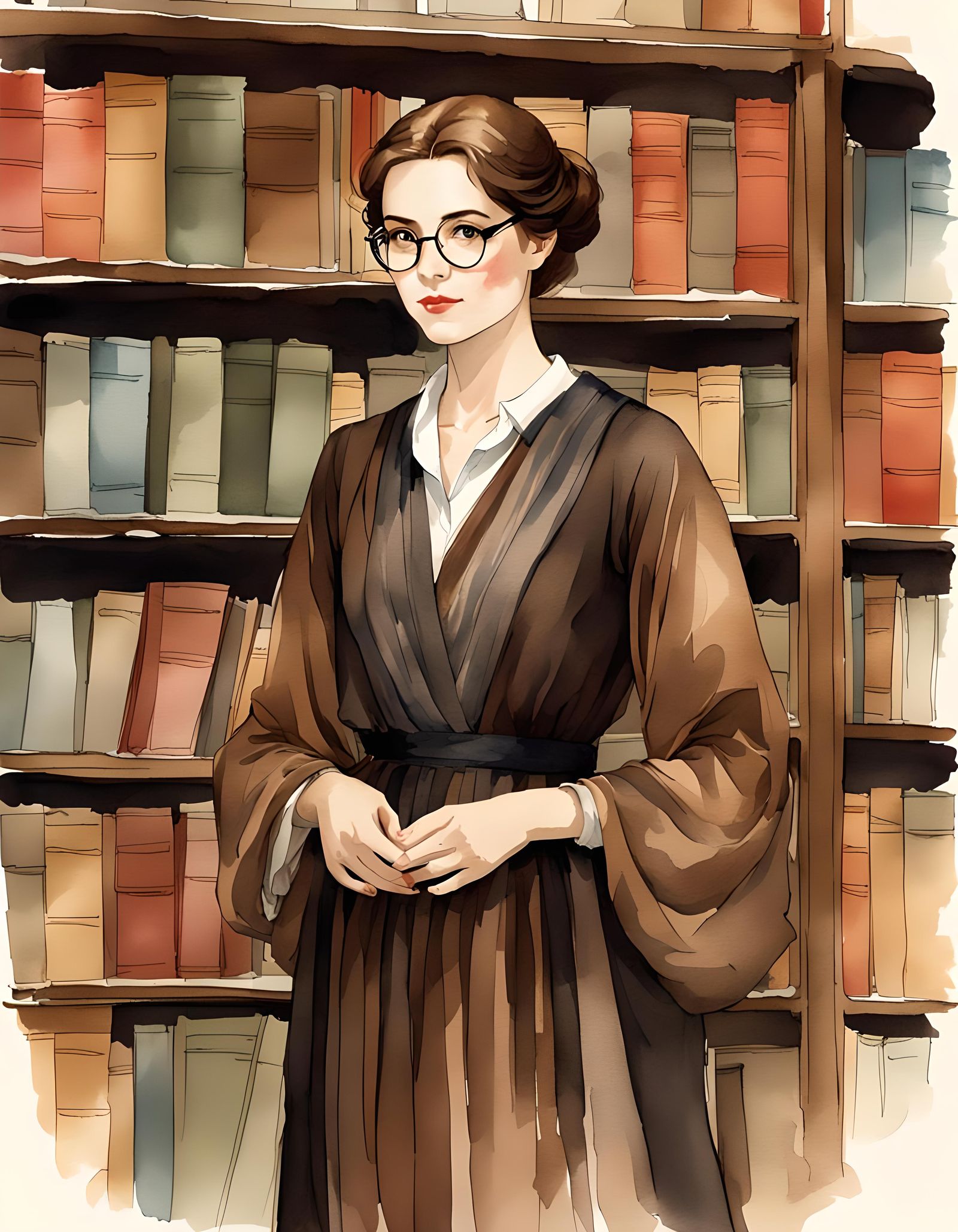 Minimalist Ink-and-Watercolor Portrait in a Library