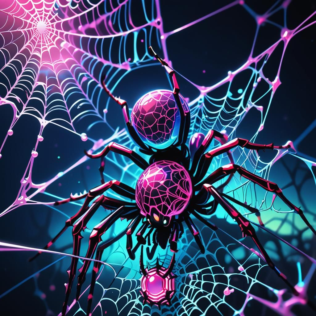 Neon Space Spiders in Bioluminescent Web, Anime Art