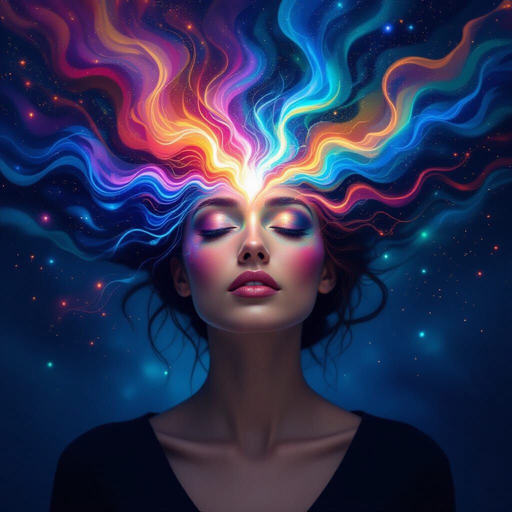 The portrait’s skin fades into strokes of light and color — ...