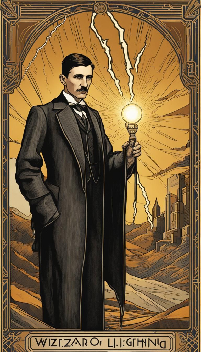 Tesla as Wizard of Lightning in Art Deco Style