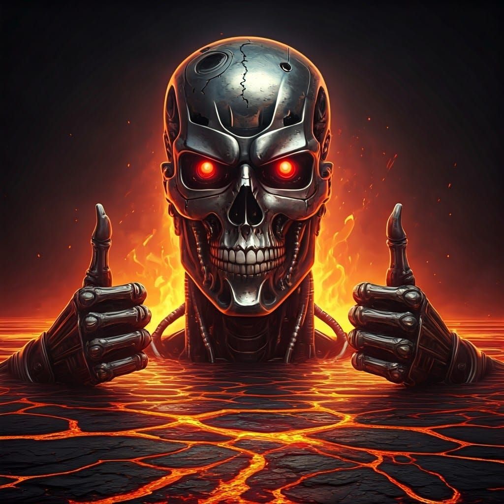 Metal Skull Gives Defiant Thumbs Up in Lava Apocalypse