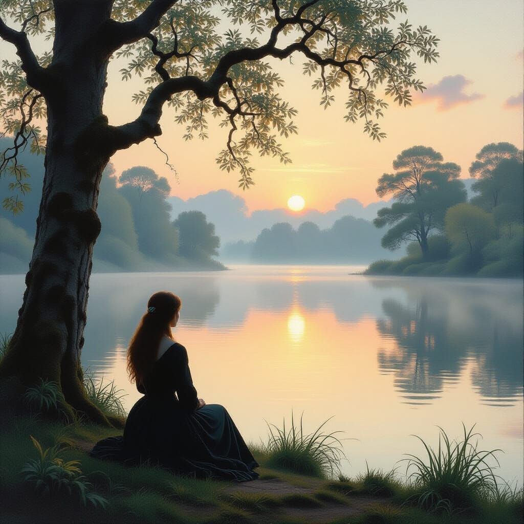 Woman Contemplating Misty Lake at Dawn, Pre-Raphaelite Style