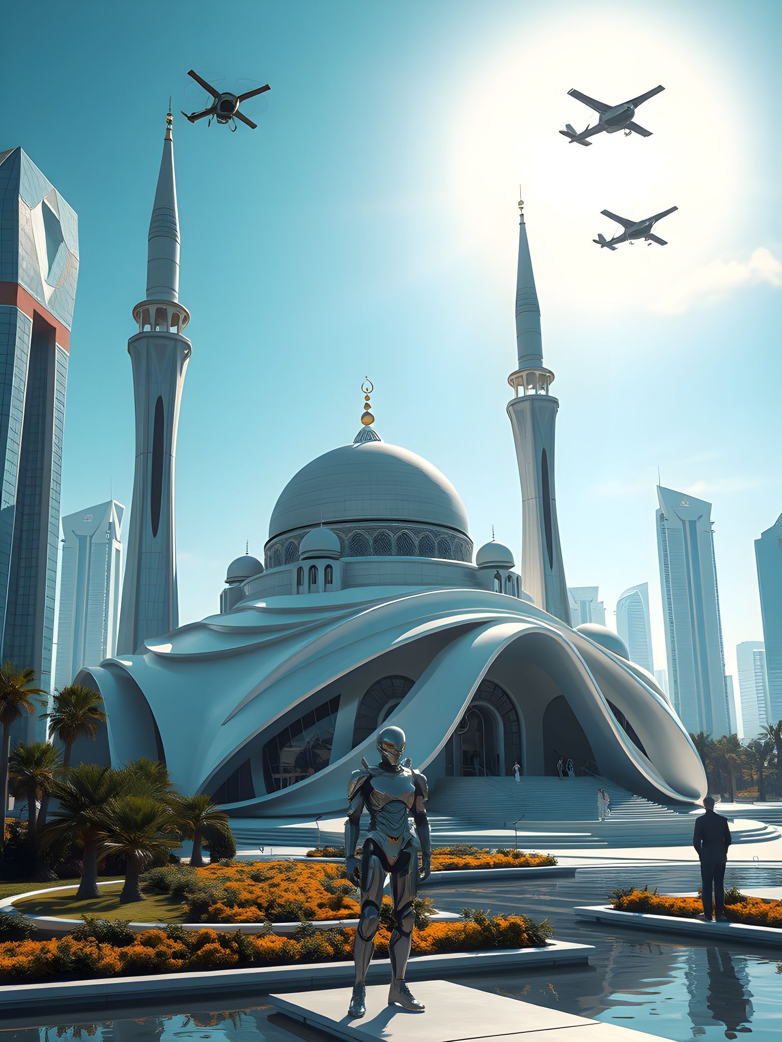 Futuristic Mosque in Sci-Fi Cityscape