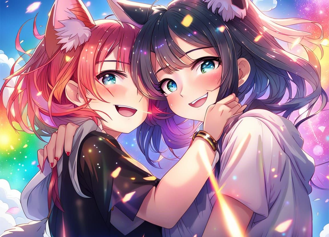 Anime Cat Girls Hugging at Fireworks Festival