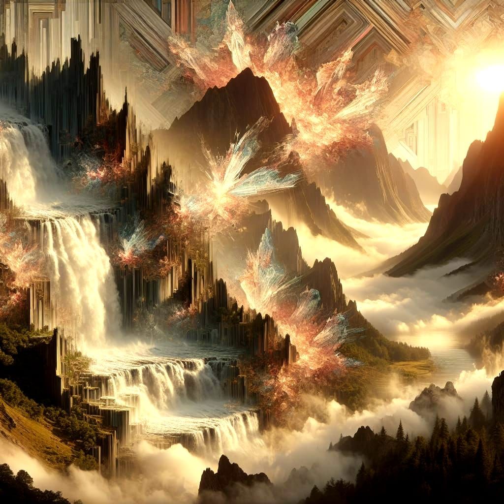 Surreal, Symbolist-Style Waterfall in a Dreamlike Landscape