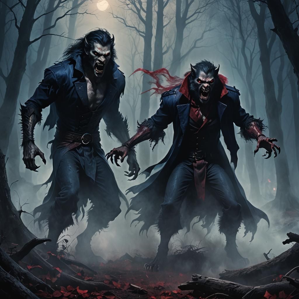 Vampire and Werewolf Clash in Dark Fantasy Illustration