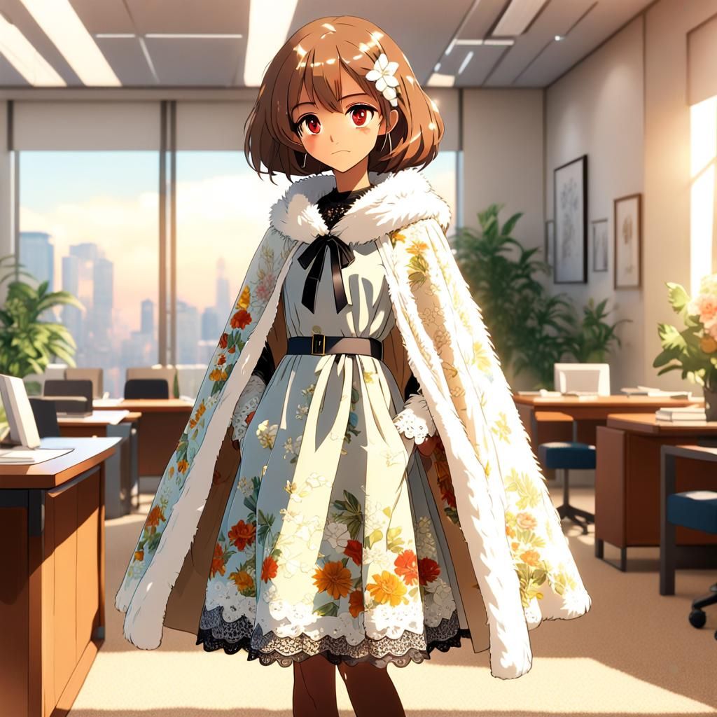 Anime Woman in Floral Dress and Fur Cloak