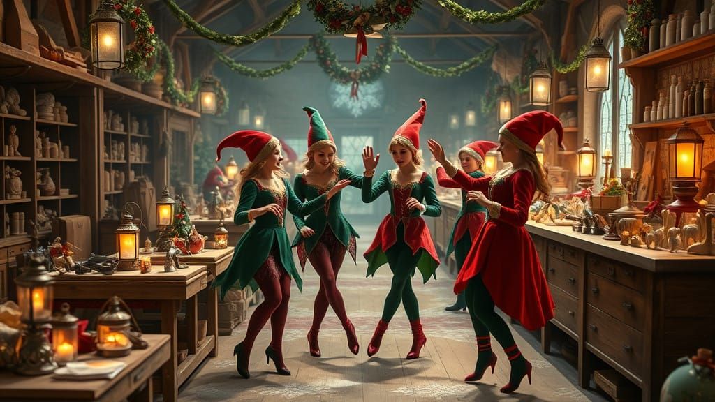 Dazzling North Pole Elves Dancing in Hyperrealistic Detail