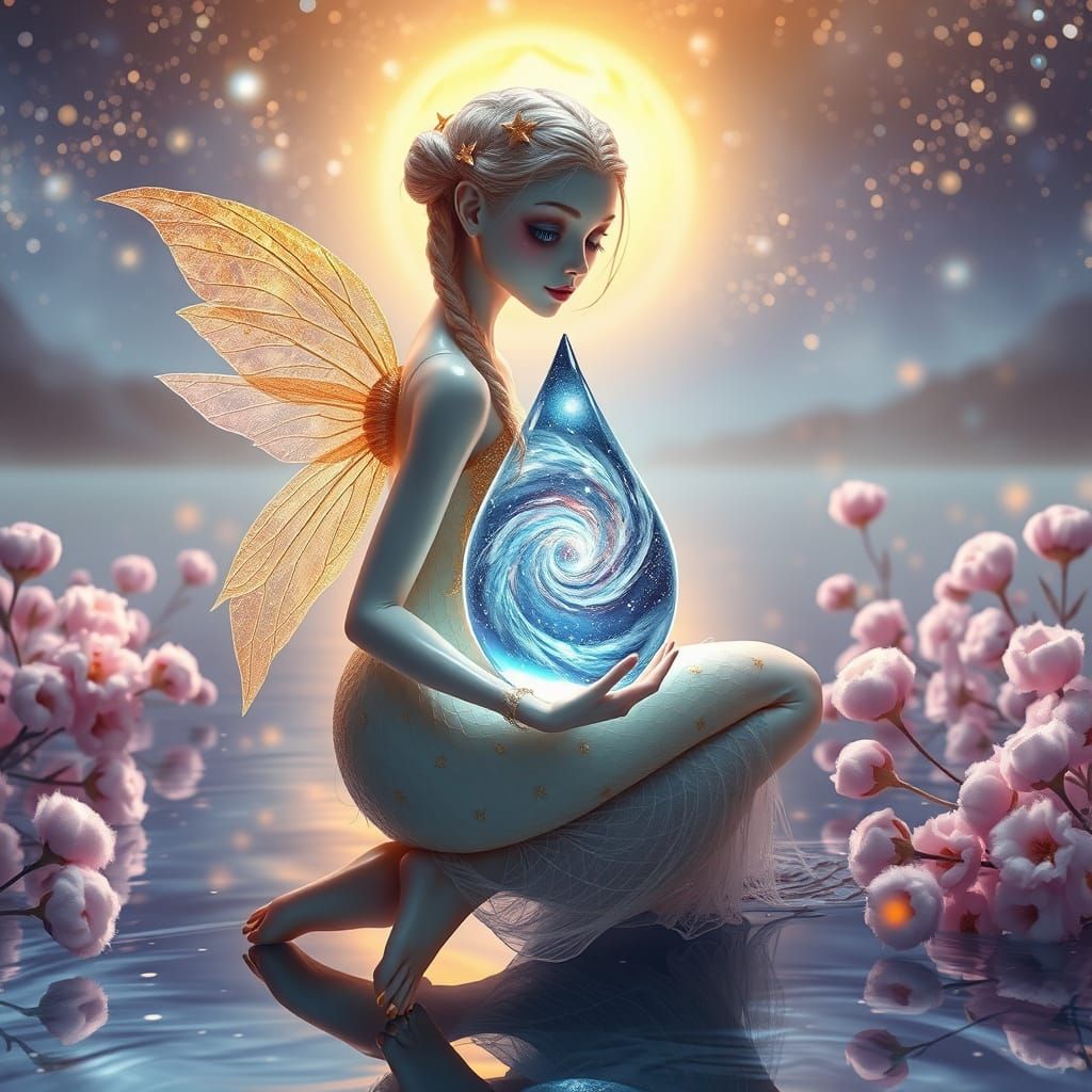 Ethereal Feathered Woman with Galaxy Droplet