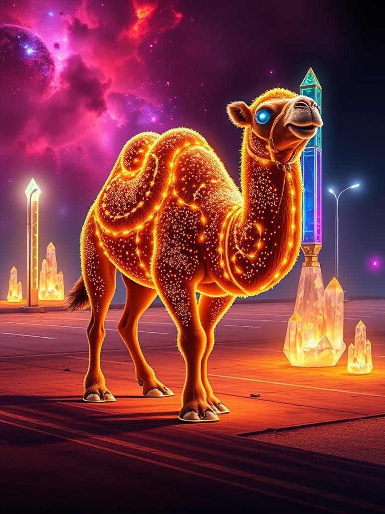 Neon Camel in Cosmic Parking Lot