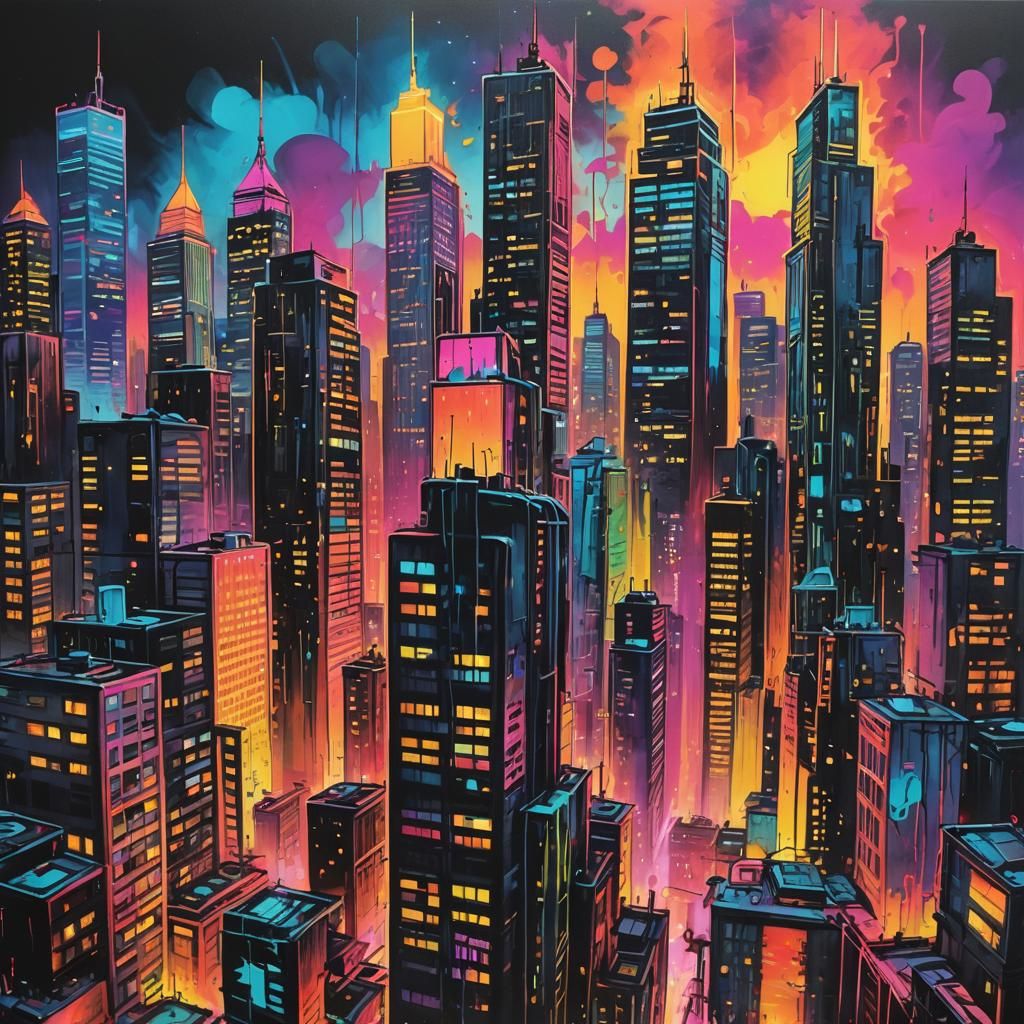 Neon Skyscrapers Graffiti Art Sunset