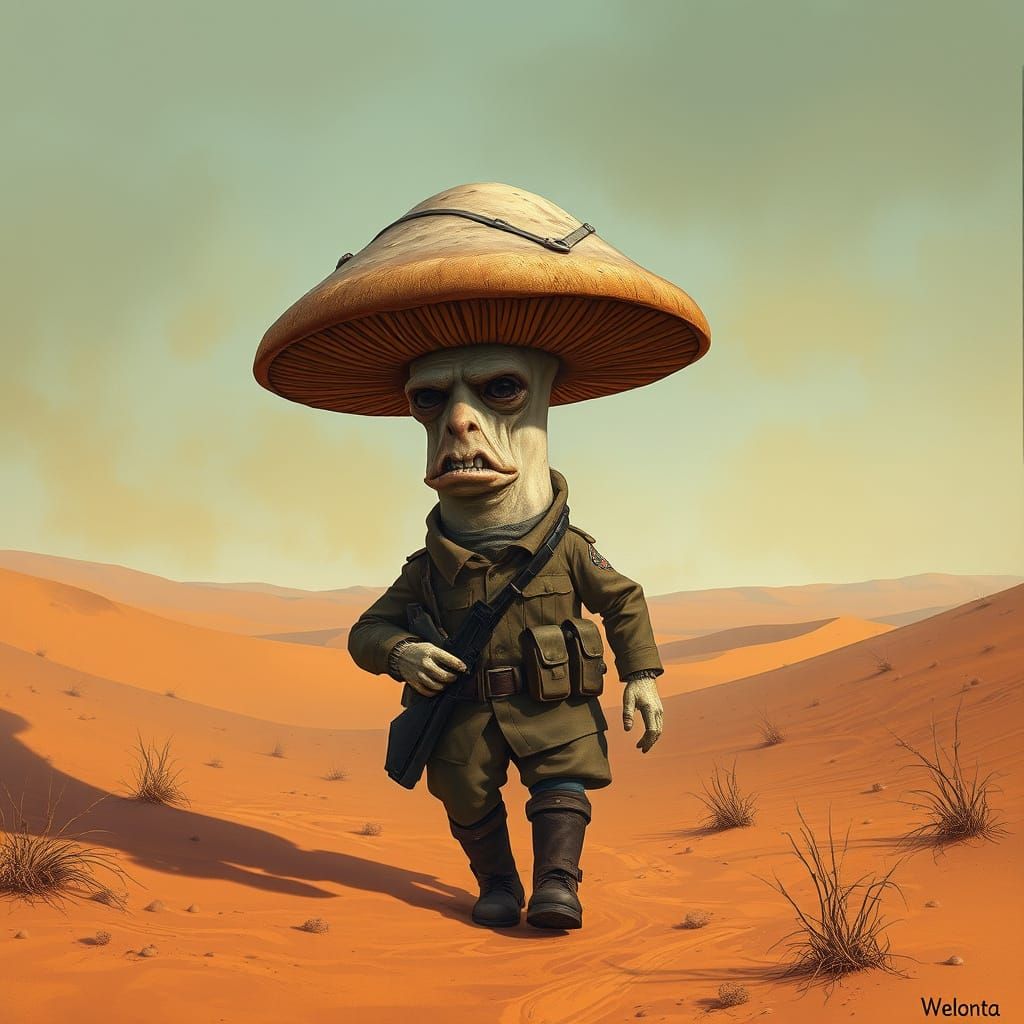 Surreal Desert Warrior Mushroom in a Worn Military Uniform