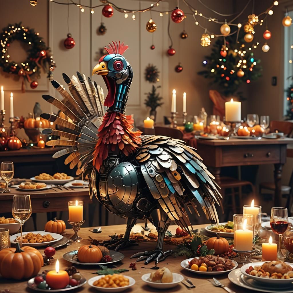 Robotic Turkey Thanksgiving Dinner in Digital Art Style