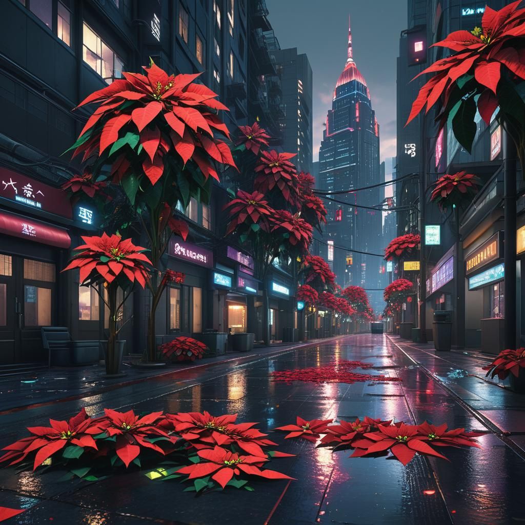 Cyberpunk Poinsettia Cityscape at Dusk in Neon Lights