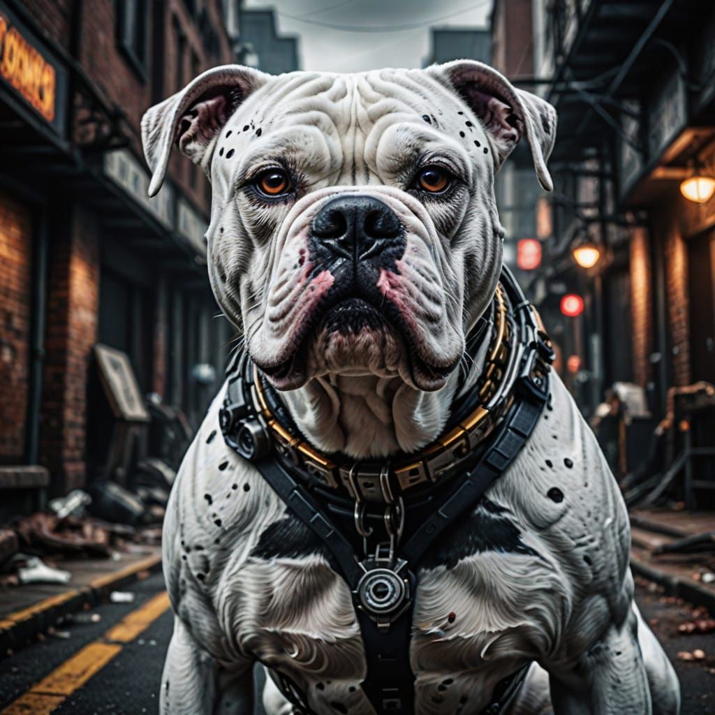Cyborg American Bulldog in Hyperrealistic Cyberpunk Style