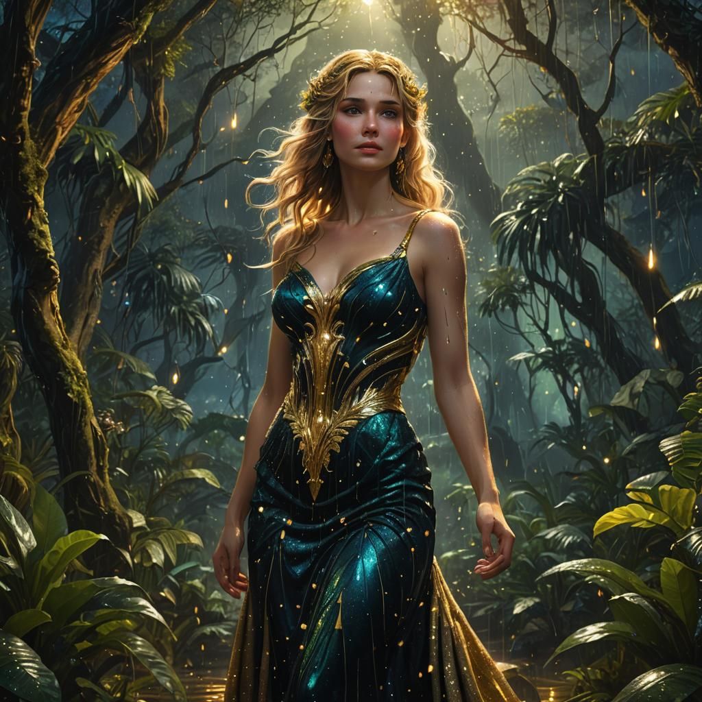 Aphrodite in Rainforest Under Starry Night