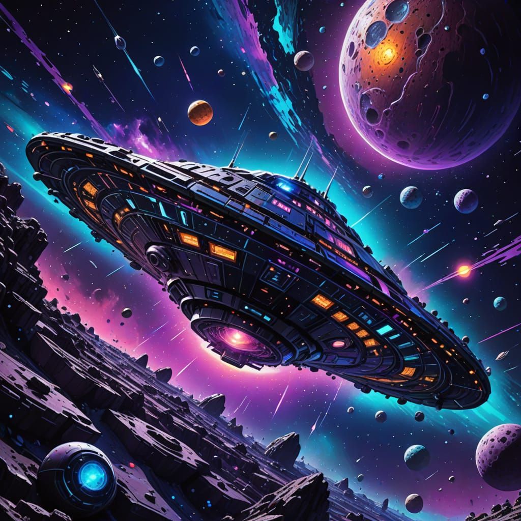 Spaceship in Asteroid Belt: Surreal Digital Art