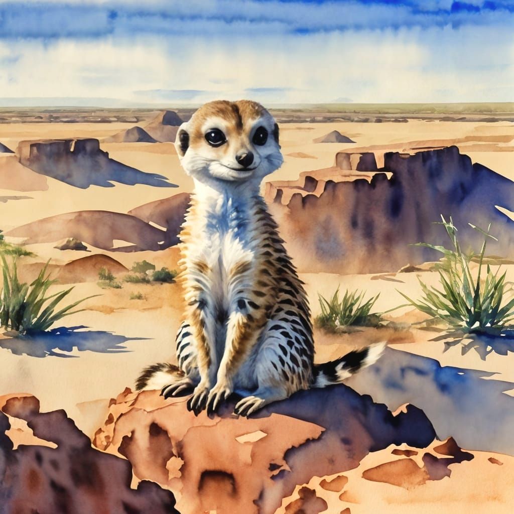 Curious Meerkat Watercolor in the Great Plains