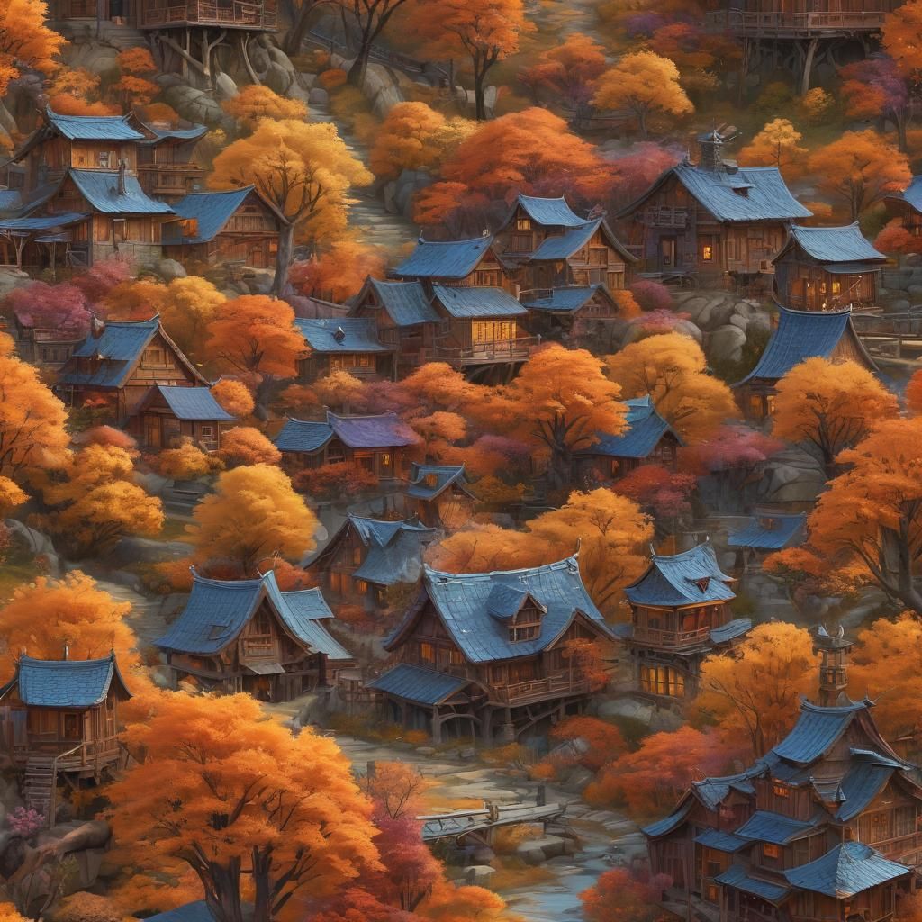 Enchanting Autumn Village: Ethereal Oil Painting