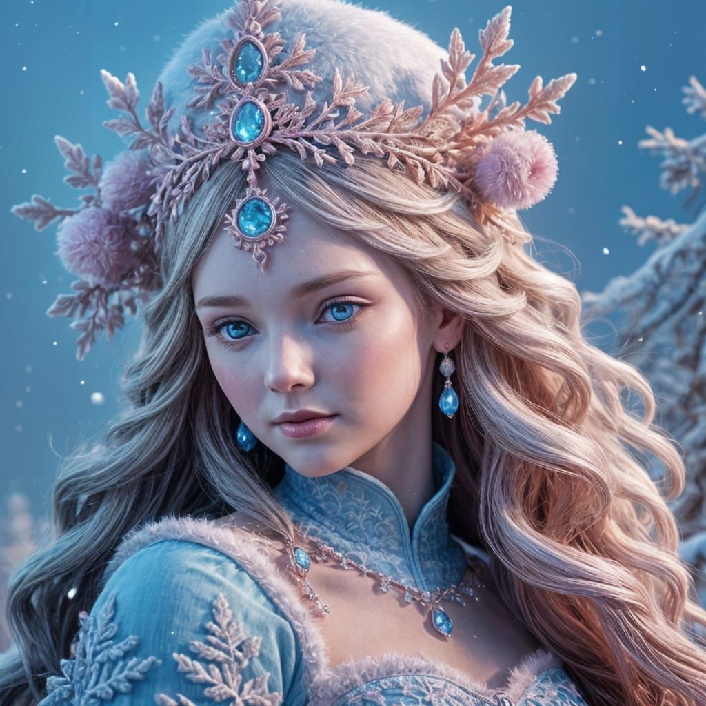 Winter Princess in Blue and Pink, Hyperdetailed