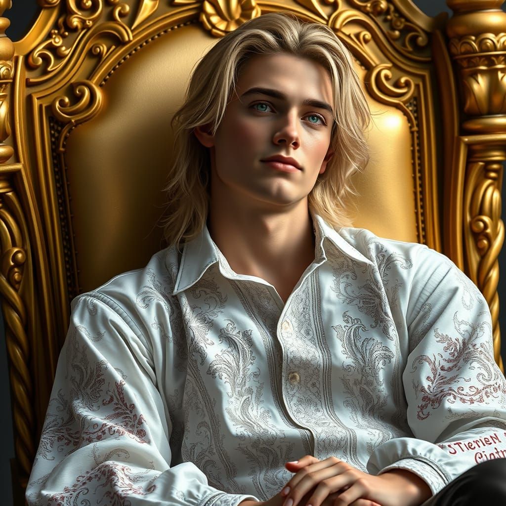 Blond Man on Golden Throne in Digital Art Style