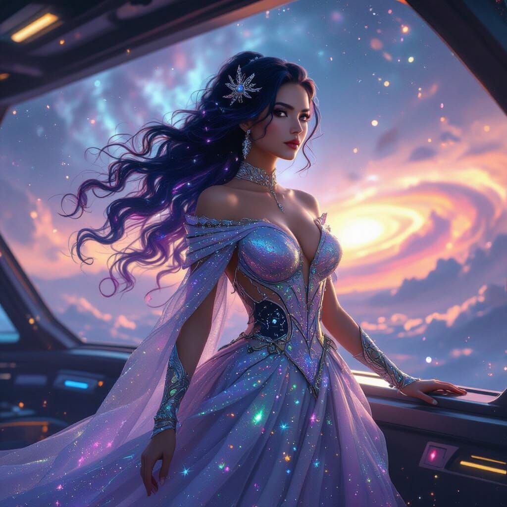 Space Pirate Queen with Nebula Hair and Stardust Gown