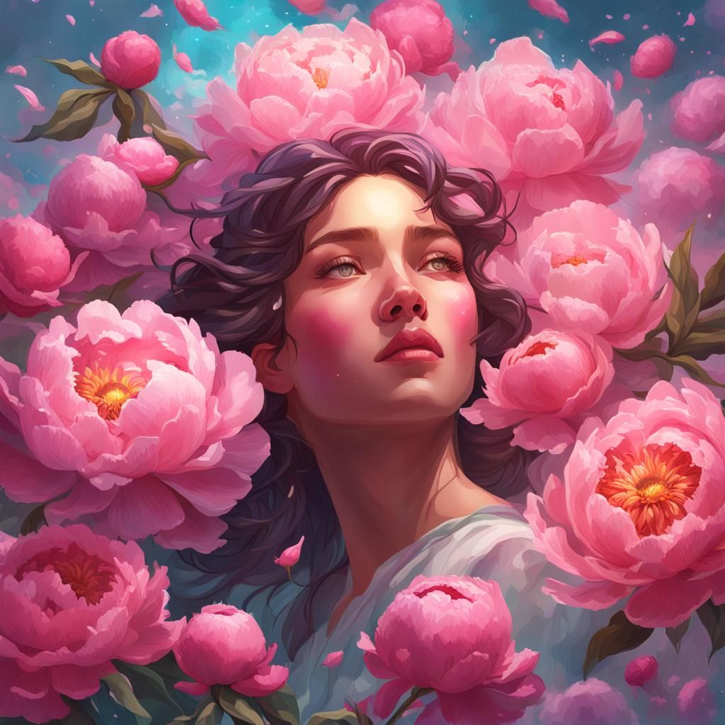Pink Peony Portrait in Hyperdetailed Digital Art Style