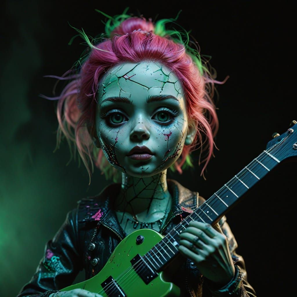a creepy porcelain punk doll with a red and black plaid dres...