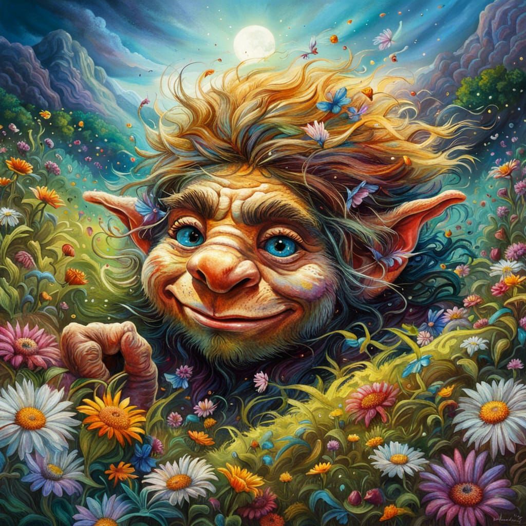 Young troll lying in a meadow of daisies