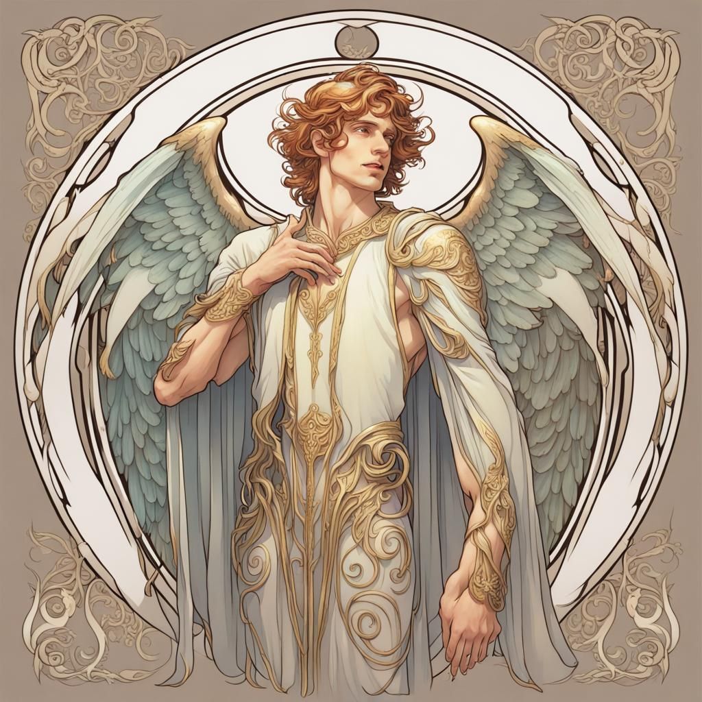 Ethereal Male Elf with Angel Wings in Art Nouveau Style