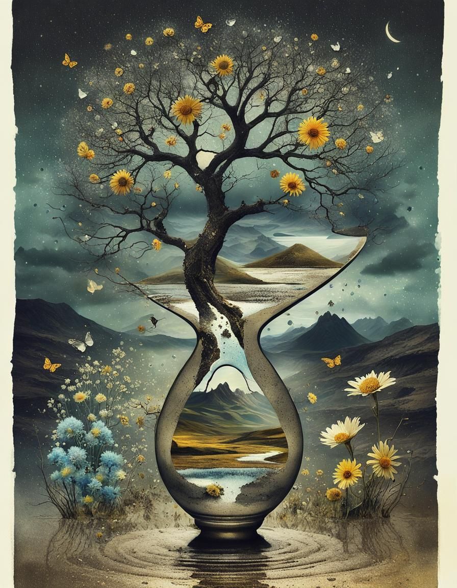 Surreal Yin Yang Landscape with Hourglass in Watercolor