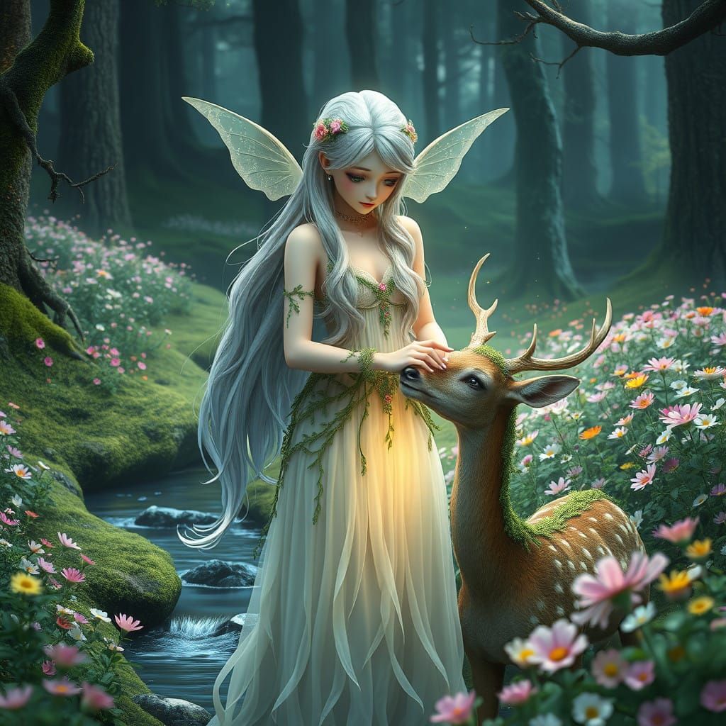 Serene Sylvan Fae Heals Wounded Deer in Whimsical Landscape