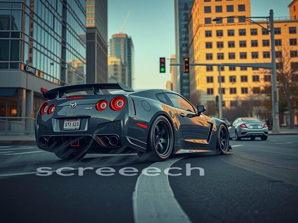 Sports Car Drifting: Hyper-Detailed City Scene