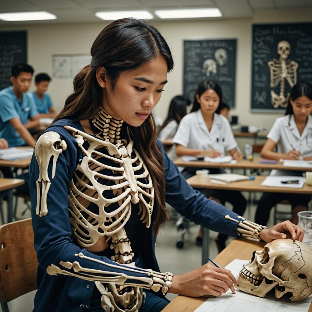 Filipino Woman Studies Skeleton in Anatomy Classroom