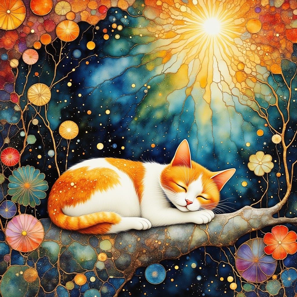 Whimsical Orange Cat in Dreamlike Watercolor-Inspired Scene