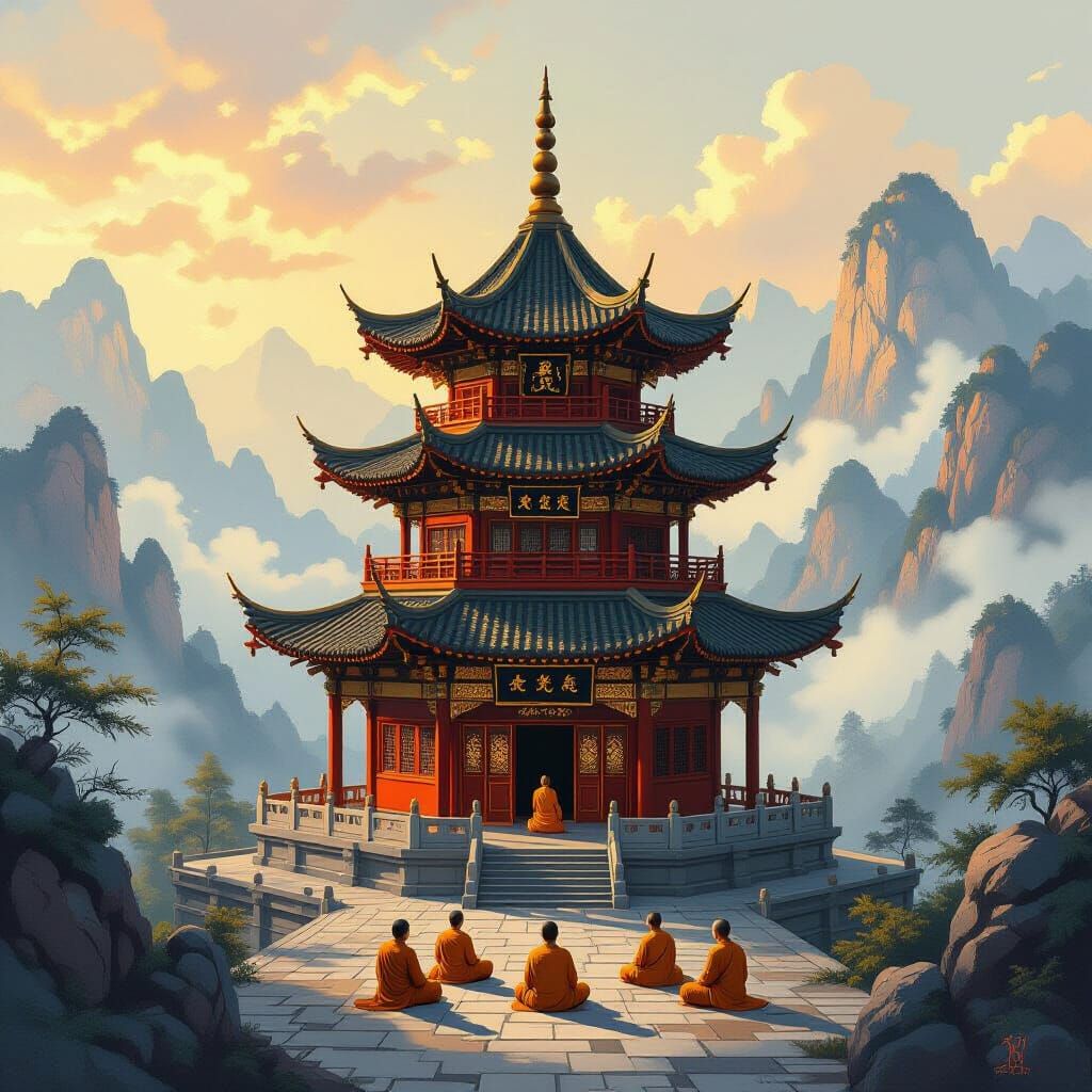 Serene Pagoda with Gold Leaf and Monks Oil Painting