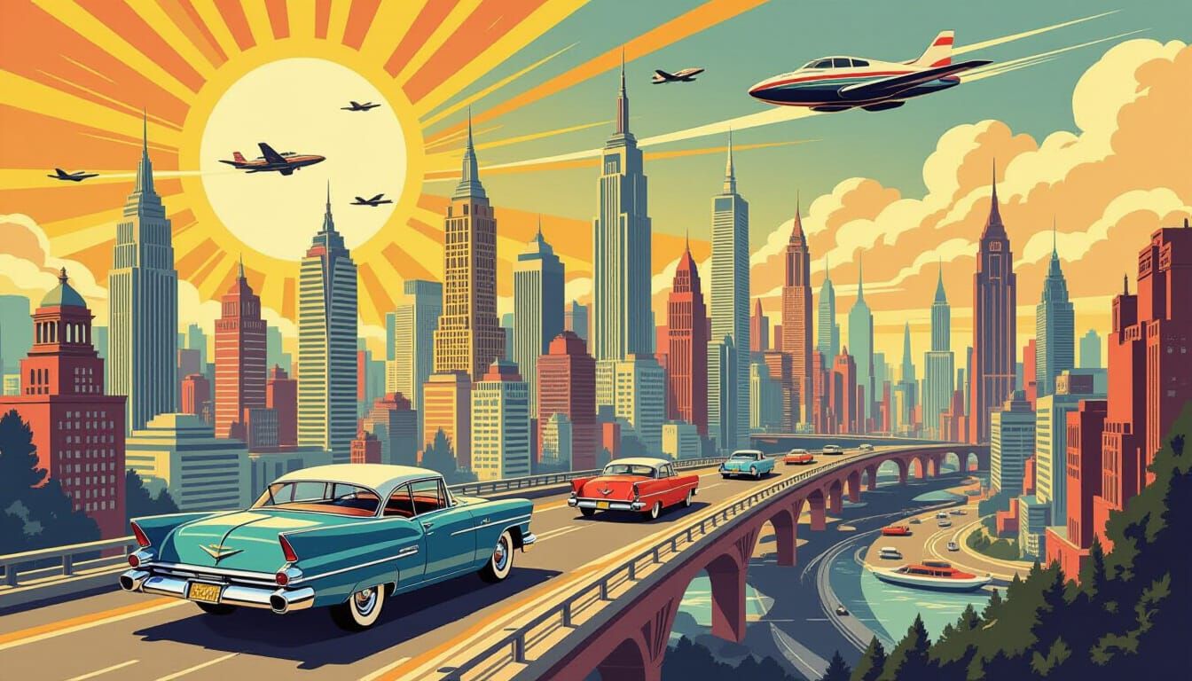 1950s Retro-Futuristic City Travel Poster