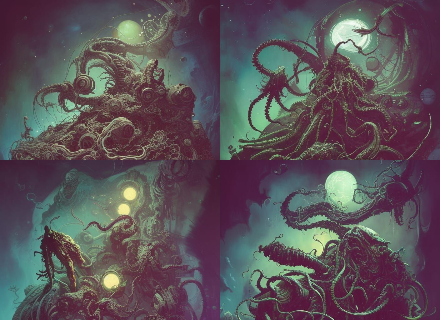 Cyborg Cthulhu in Deep Space, Watercolor Art