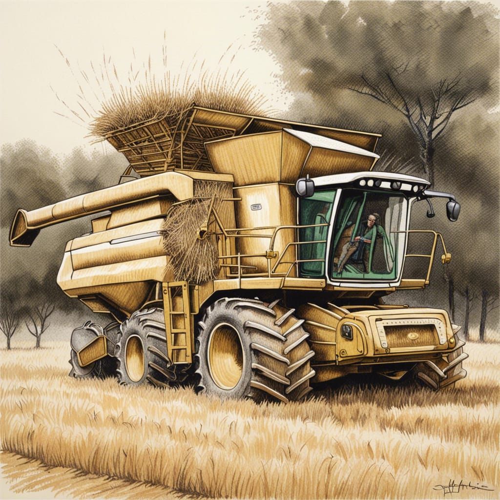 Detailed Combine Harvester Line Drawing