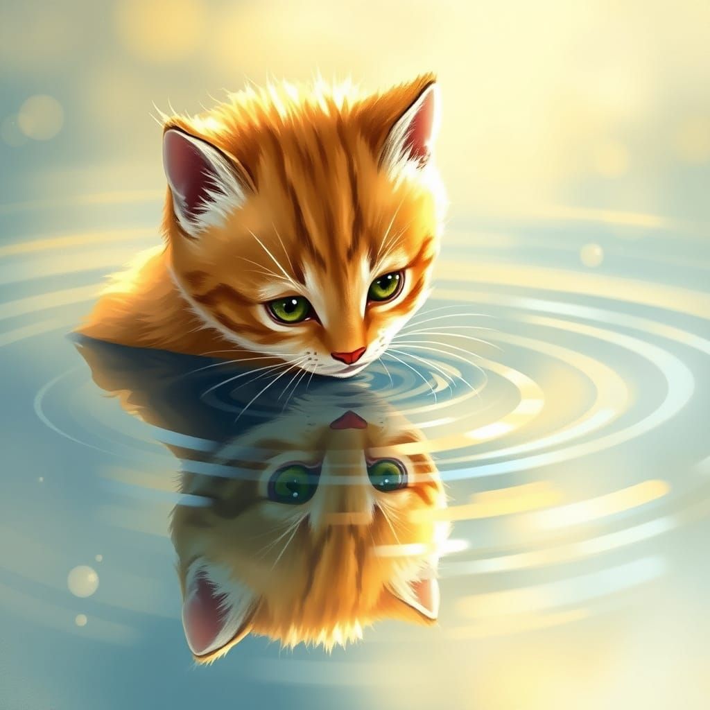 Whimsical Kitten Contemplates its Own Reflection