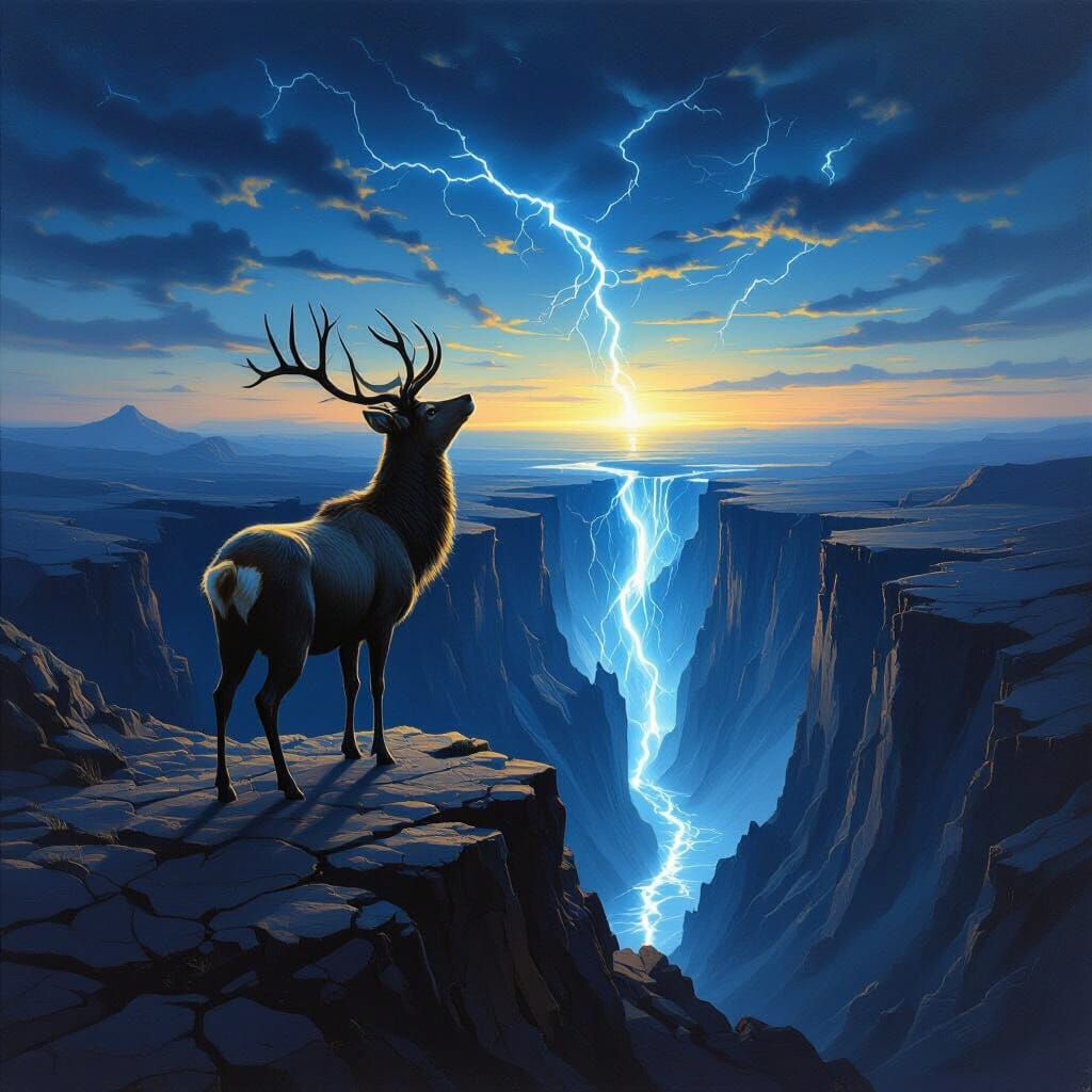 Majestic Deer Cries to Glowing Chasm in Dramatic Oil Paintin...