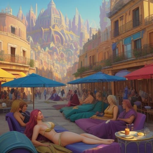 Dreamlike City: Surrealist Oil Painting of Relaxation