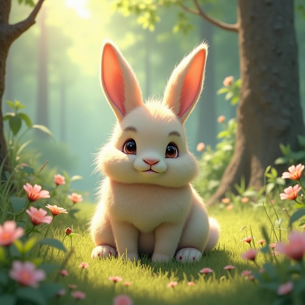 Fluffy Bunny in Sun-Dappled Forest: Anime-Inspired 3D Art