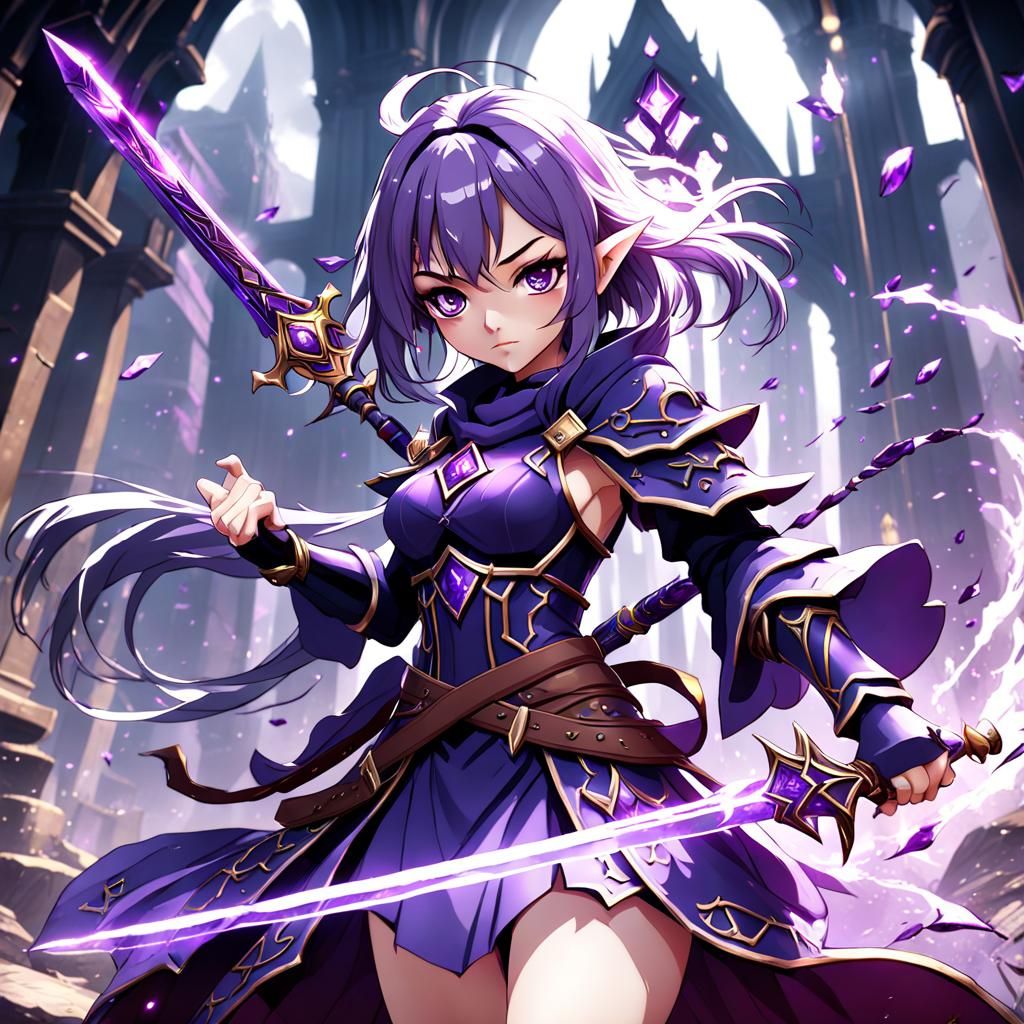 Anime Wizard Girl with Amethyst Sword: Detailed Painting