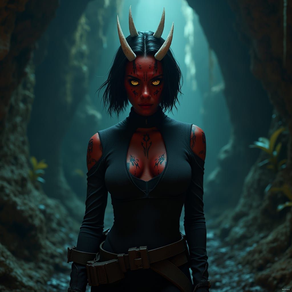 Red-Skinned Sith Zabrak Female in Dark, Mysterious Lair