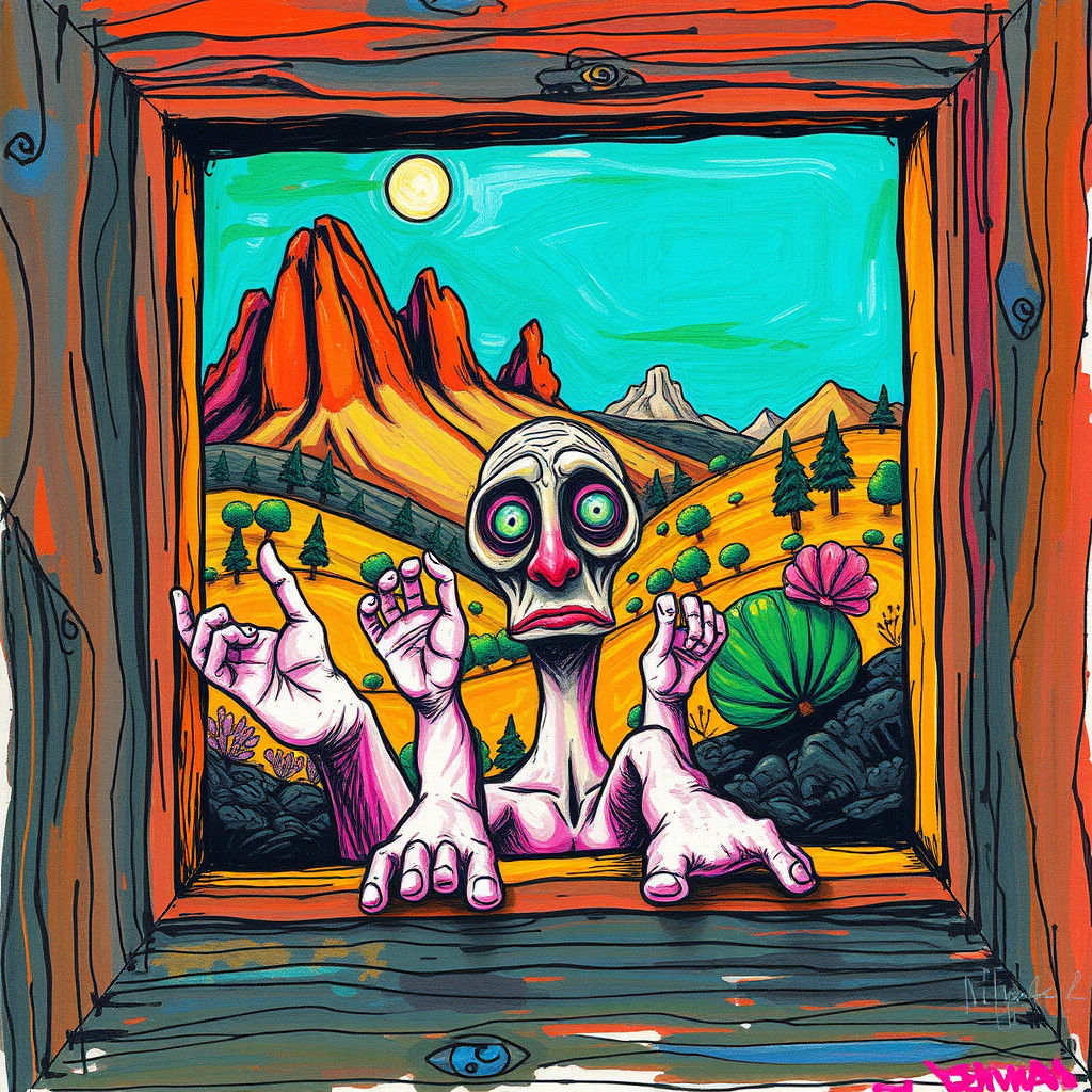 Expressive Surreal Landscape in Childlike Sketch Style