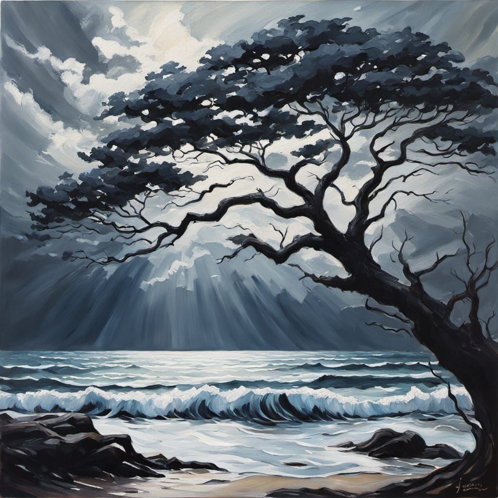 Dramatic Tree Silhouettes Over Stormy Sea, Oil Painting