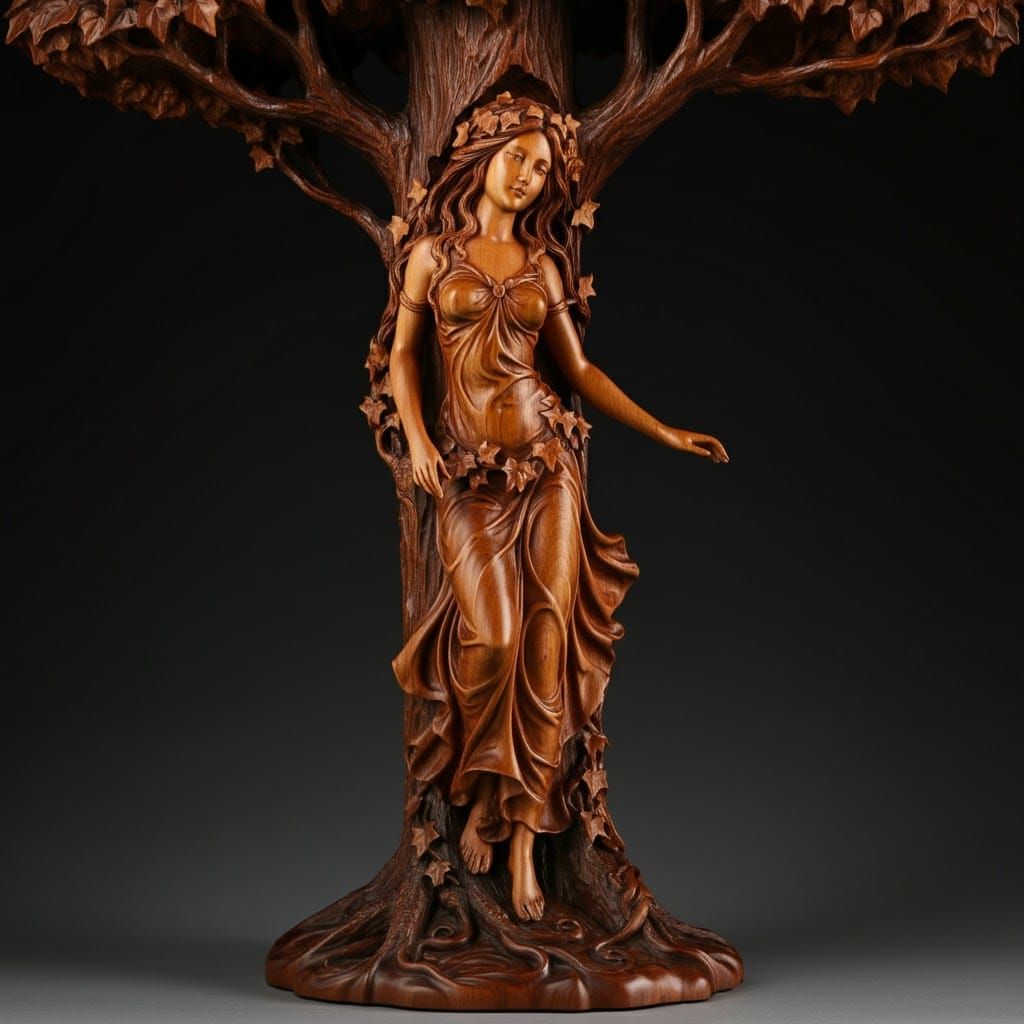 Mahogany Dryad Sculpture with Intricate Carvings