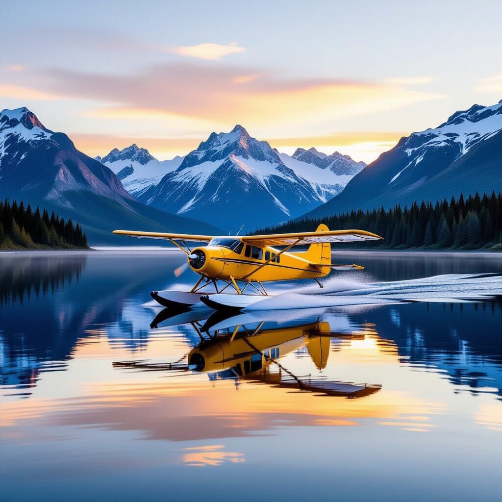 Yellow Seaplane Lands on Alaskan Lake at Golden Hour